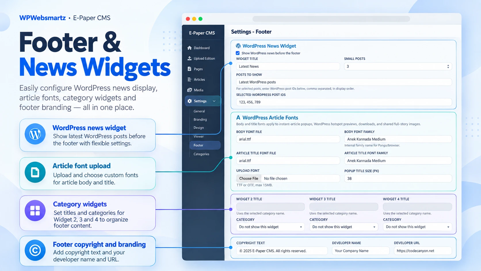Footer & News Widgets feature showcase with annotated controls