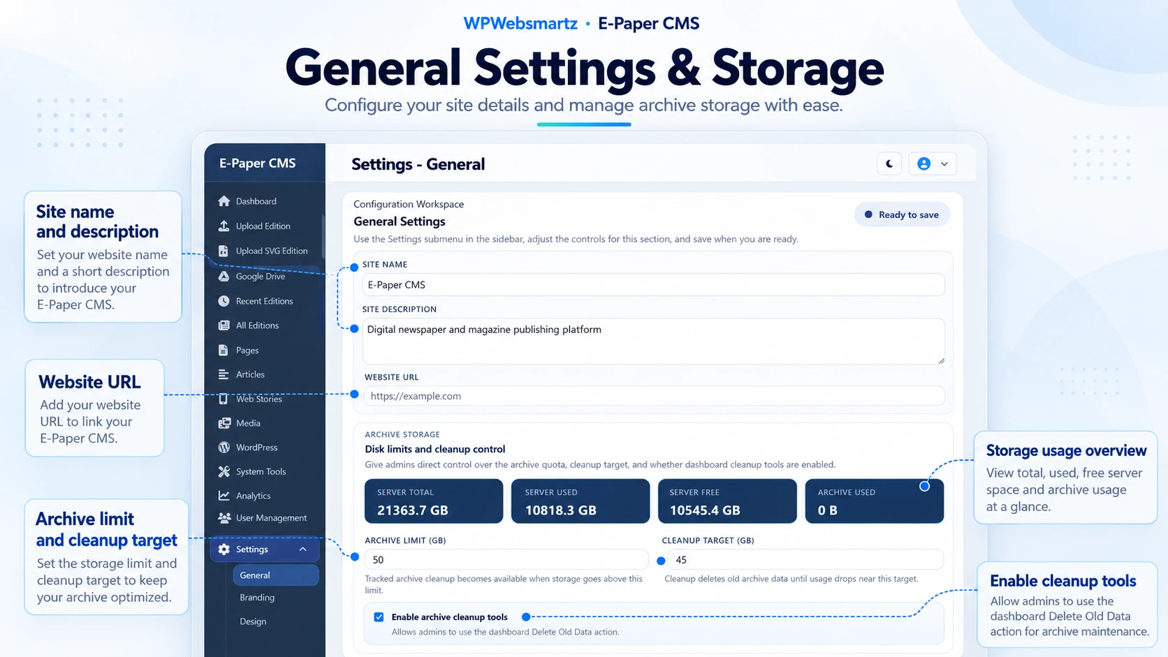 General Settings & Storage feature showcase with annotated controls