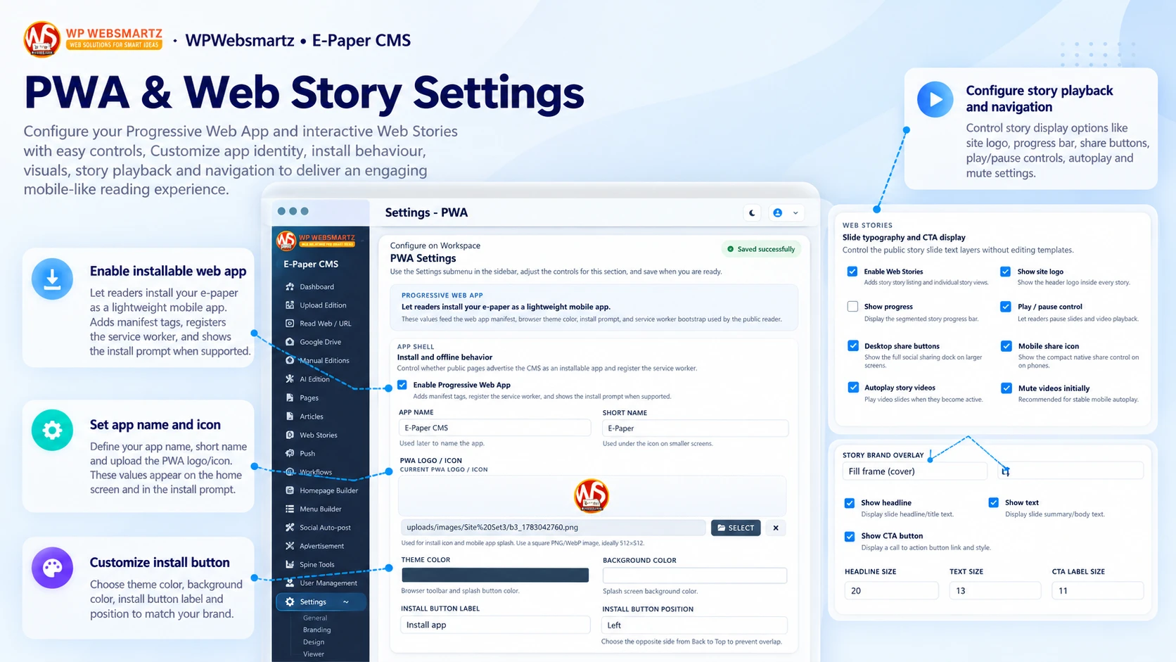 PWA & Web Story Settings feature showcase with annotated controls